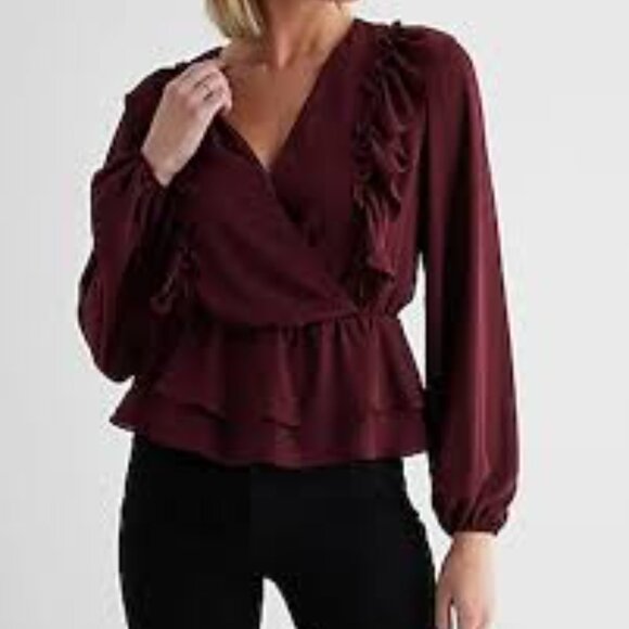 Express V-Neck Faux Wrap Flutter Ruffle Peplum Top Women's Long Sleeve Top M NWT - Picture 1 of 11